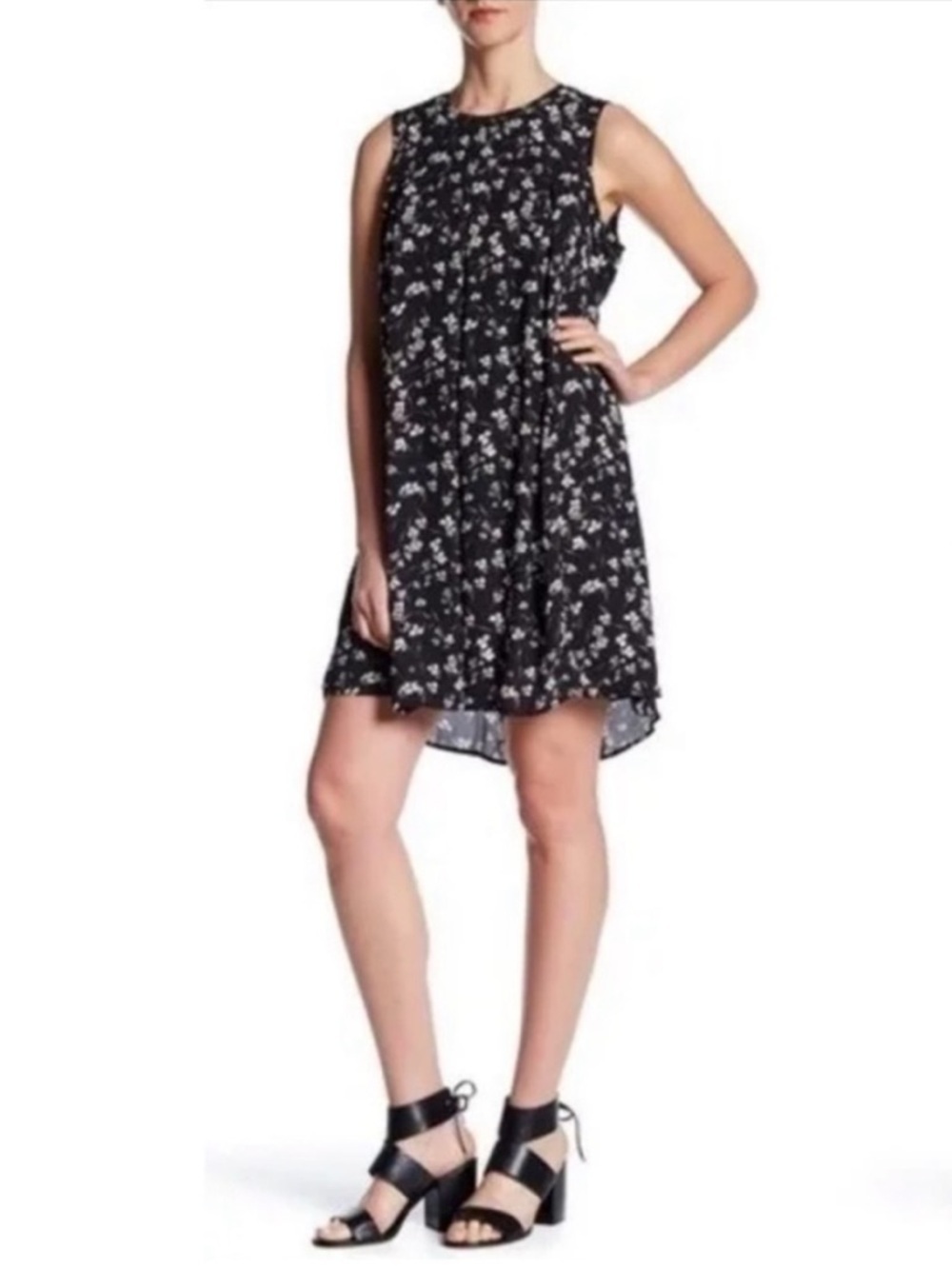 DR2 Black Floral Dress Size Large Black Gray Sleeveless Tent Trapeze New NWT